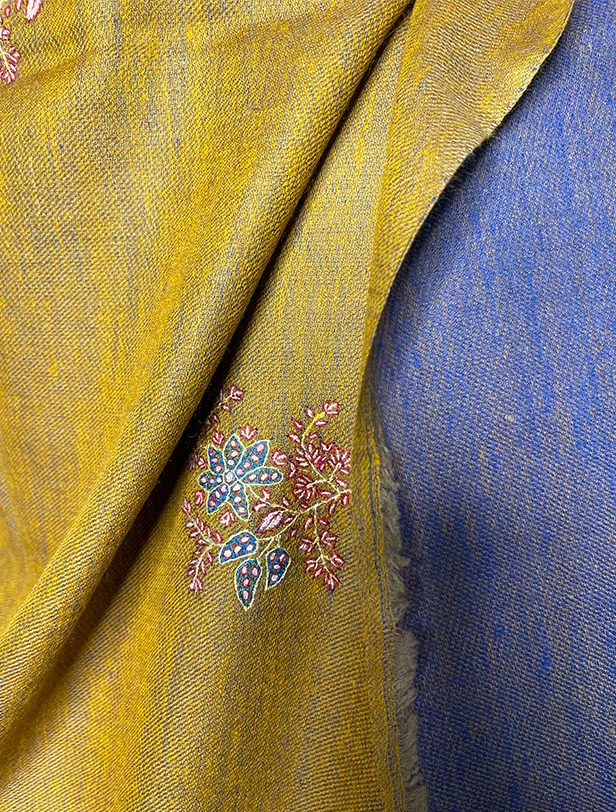 Blue Golden Sozni Booti Embroidered Shawl